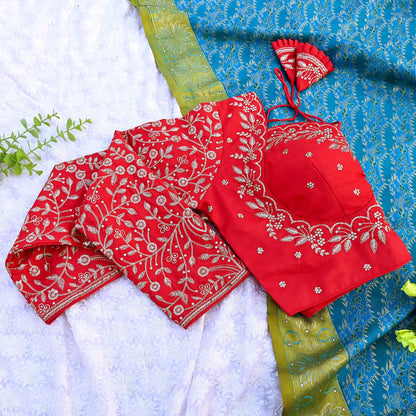 Indian New Red Chanderi Hand Embroidered Padded Blouse/Top/Crop M Size Party wear Bollywood