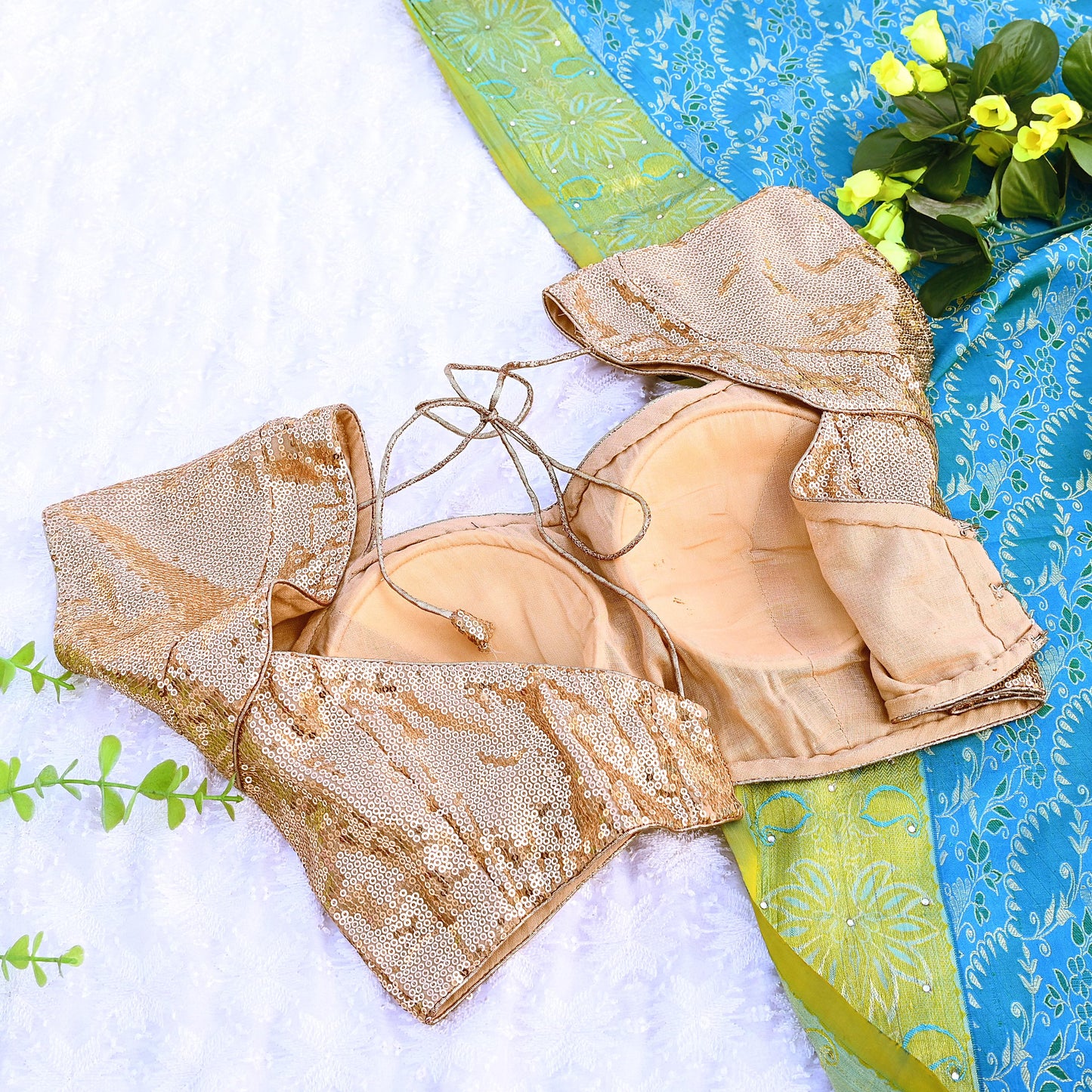 Indian New Golden Beige Georgette Embroidered Padded Blouse/Top/Crop M Size Party wear Bollywood