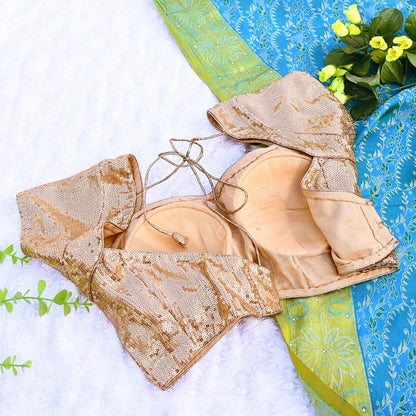 Indian New Golden Beige Georgette Embroidered Padded Blouse/Top/Crop M Size Party wear Bollywood