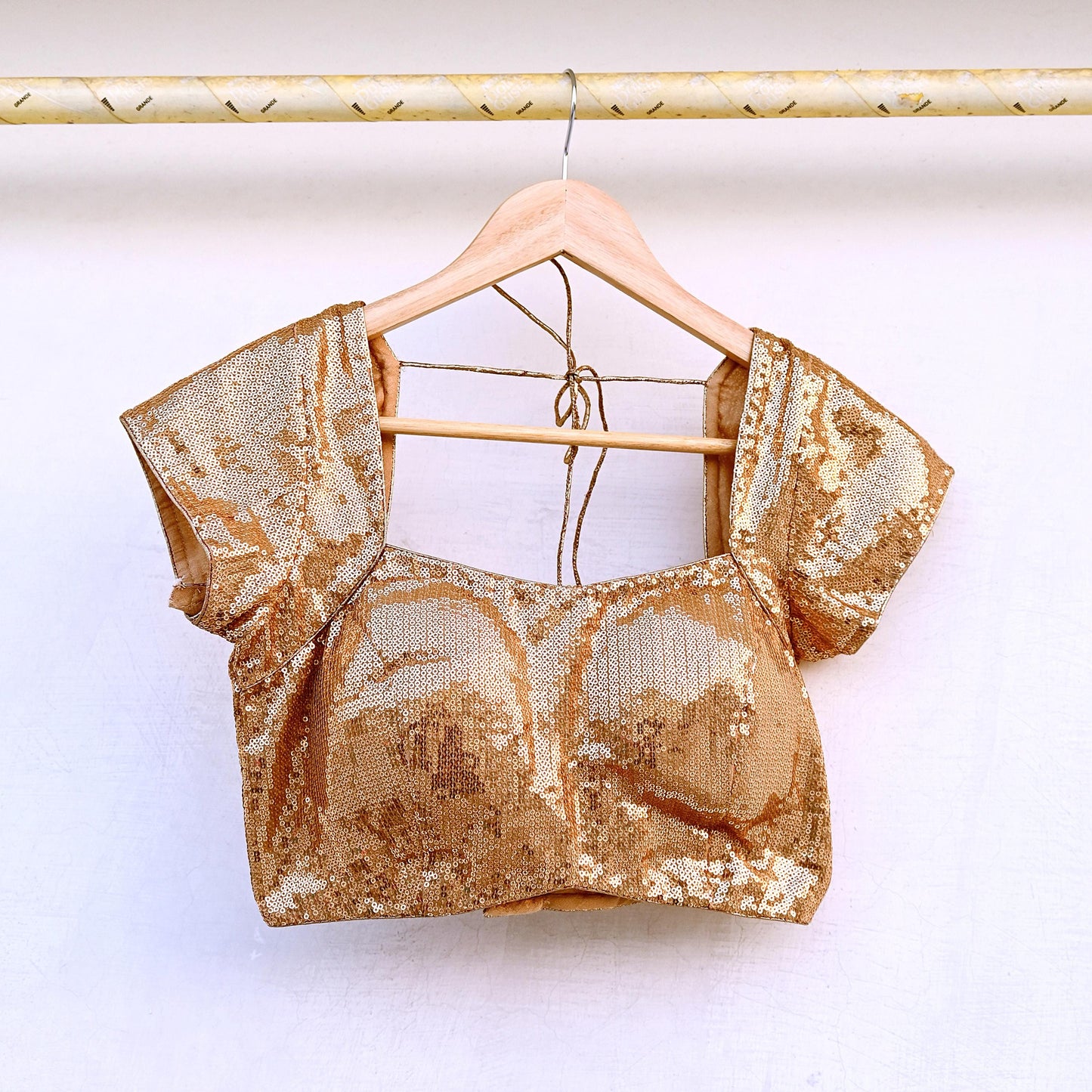Indian New Golden Beige Georgette Embroidered Padded Blouse/Top/Crop M Size Party wear Bollywood