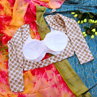 Indian New White Pure Georgette Silk Hand Woven Padded Blouse/Top/Crop Party wear Bollywood One Of a Kind Blouse