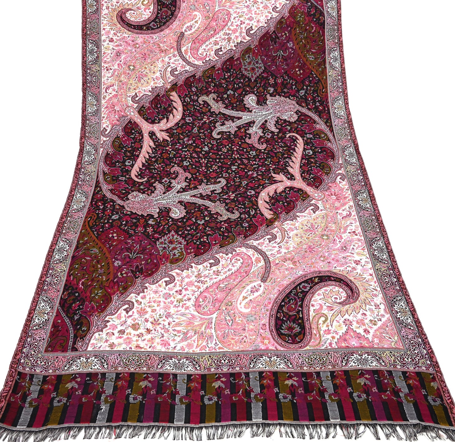 Vintage Stole Black & White woolen Handmade Jamawar work Long Throw Warm Stole Paisley Design Fringes