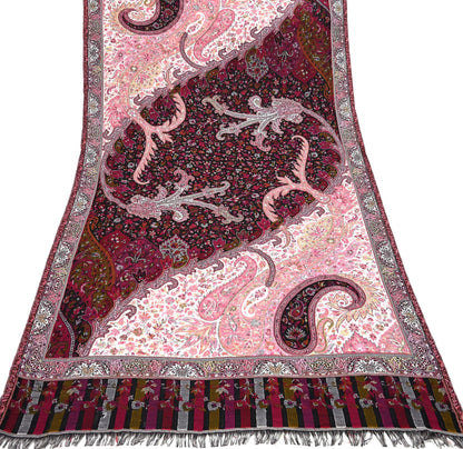 Vintage Stole Black & White woolen Handmade Jamawar work Long Throw Warm Stole Paisley Design Fringes