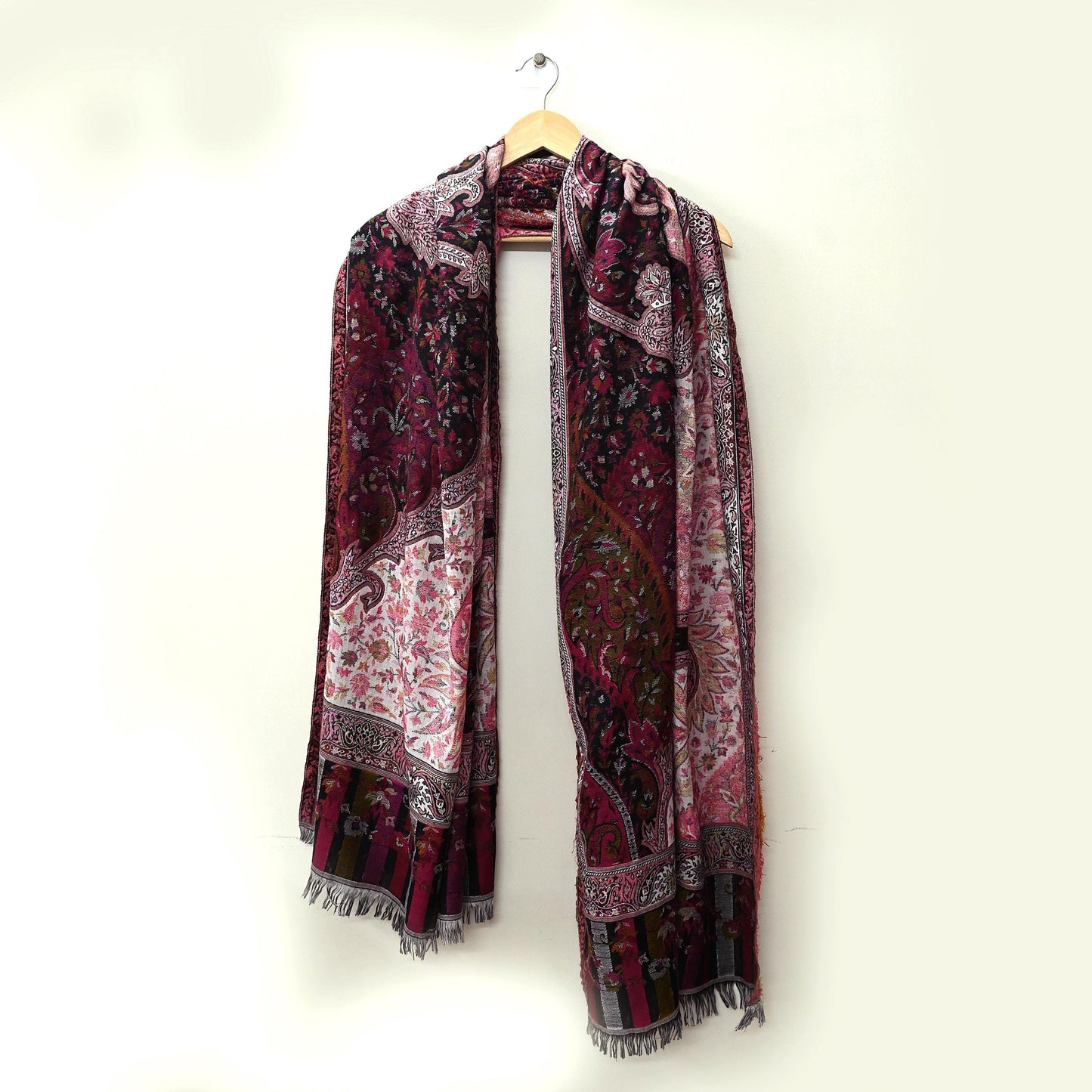 Vintage Stole Black & White woolen Handmade Jamawar work Long Throw Warm Stole Paisley Design Fringes