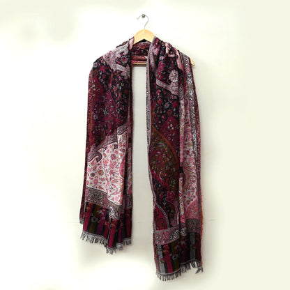 Vintage Stole Black & White woolen Handmade Jamawar work Long Throw Warm Stole Paisley Design Fringes