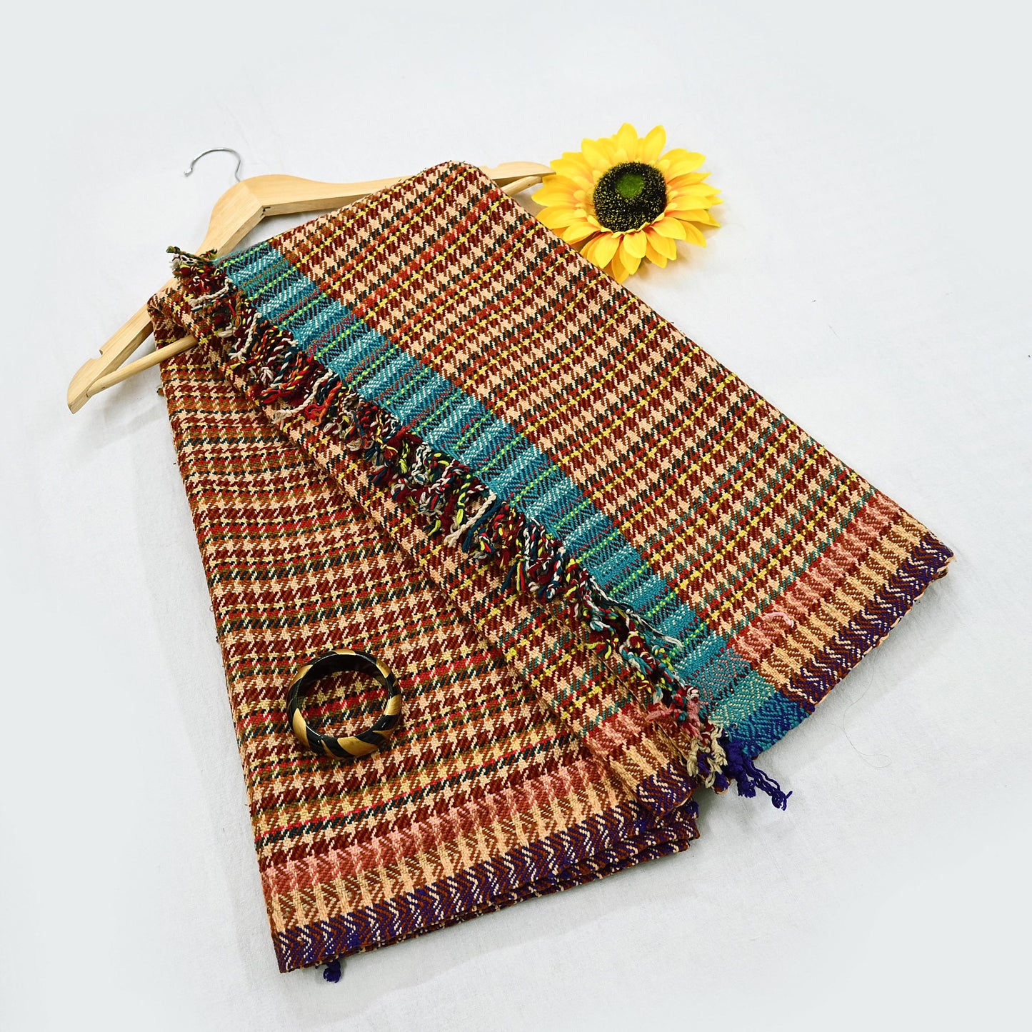 Vintage Multi Woolen Handmade Kullu Shawl Woven work Long Throw Stole Warm Stole Warm Fringes