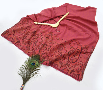 Indian Vintage Red Pure Woolen Shawl Handmade Woven Jamawar Work Long Throw Stole Warm Paisley Design Soft