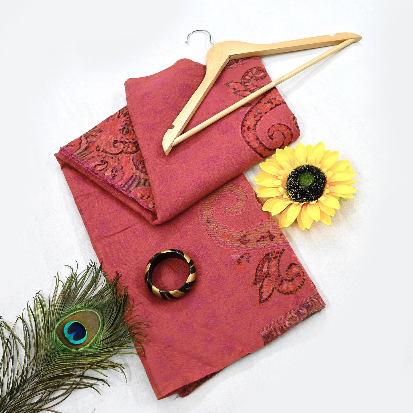 Indian Vintage Red Pure Woolen Shawl Handmade Woven Jamawar Work Long Throw Stole Warm Paisley Design Soft