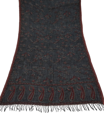 Indian Vintage Black Pure Woolen Shawl Handmade Woven Work Long Throw Stole Warm Abstract Design Soft