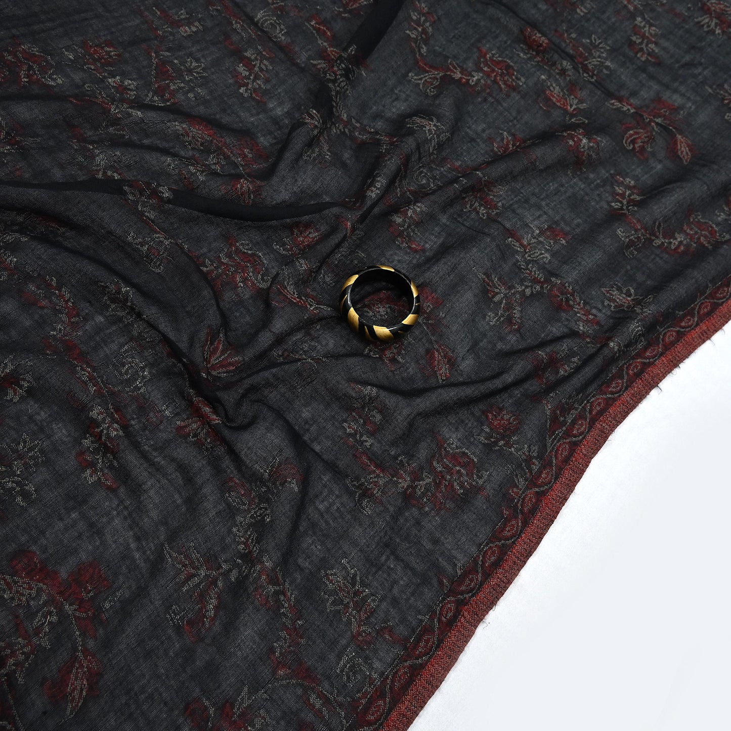 Indian Vintage Black Pure Woolen Shawl Handmade Woven Work Long Throw Stole Warm Abstract Design Soft