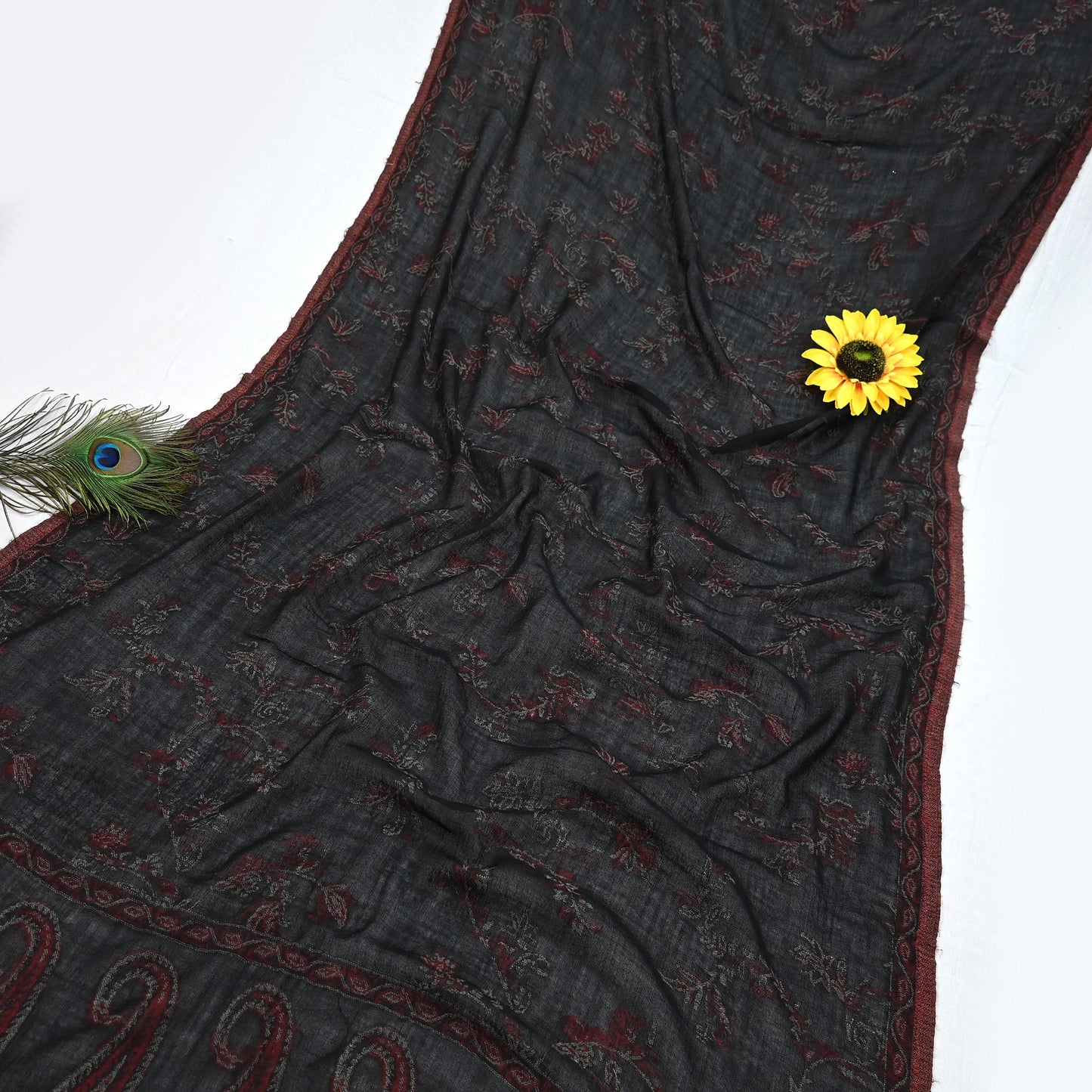 Indian Vintage Black Pure Woolen Shawl Handmade Woven Work Long Throw Stole Warm Abstract Design Soft