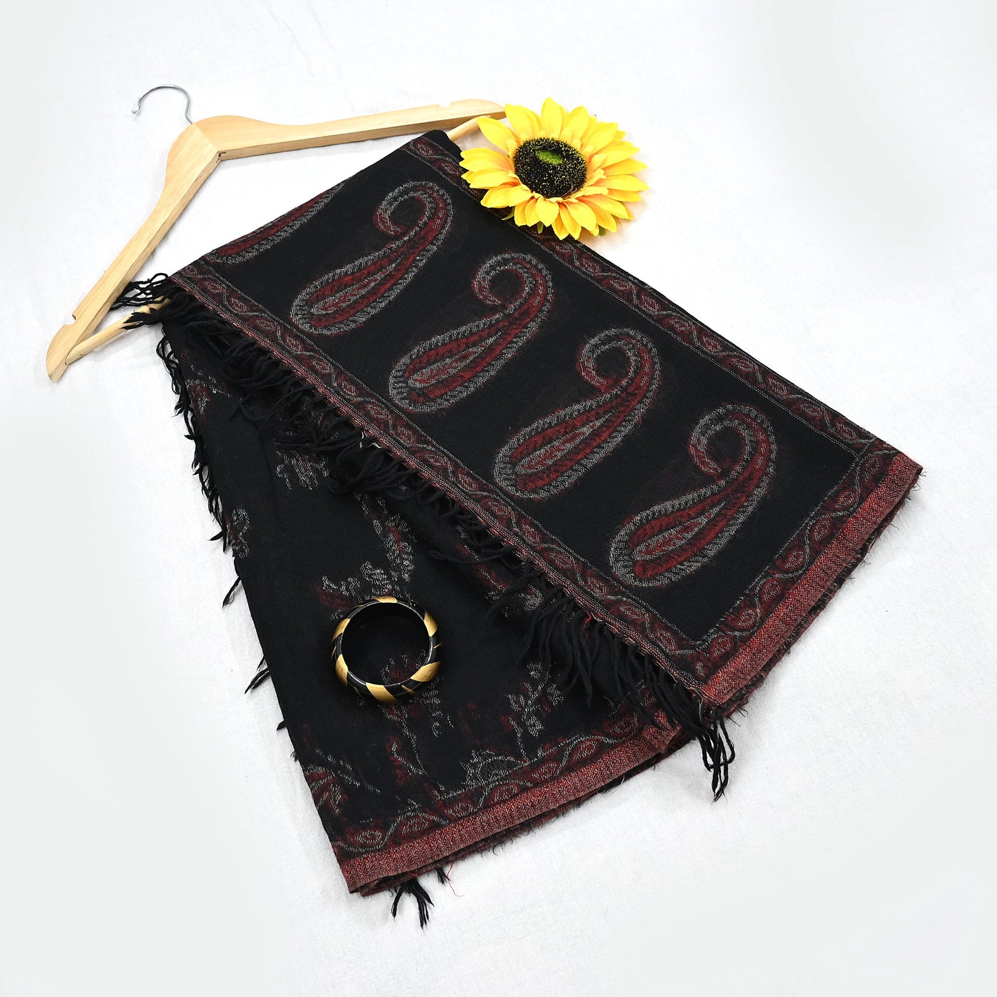 Indian Vintage Black Pure Woolen Shawl Handmade Woven Work Long Throw Stole Warm Abstract Design Soft