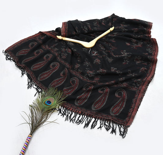 Indian Vintage Black Pure Woolen Shawl Handmade Woven Work Long Throw Stole Warm Abstract Design Soft