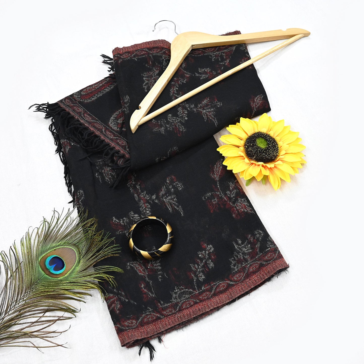 Indian Vintage Black Pure Woolen Shawl Handmade Woven Work Long Throw Stole Warm Abstract Design Soft