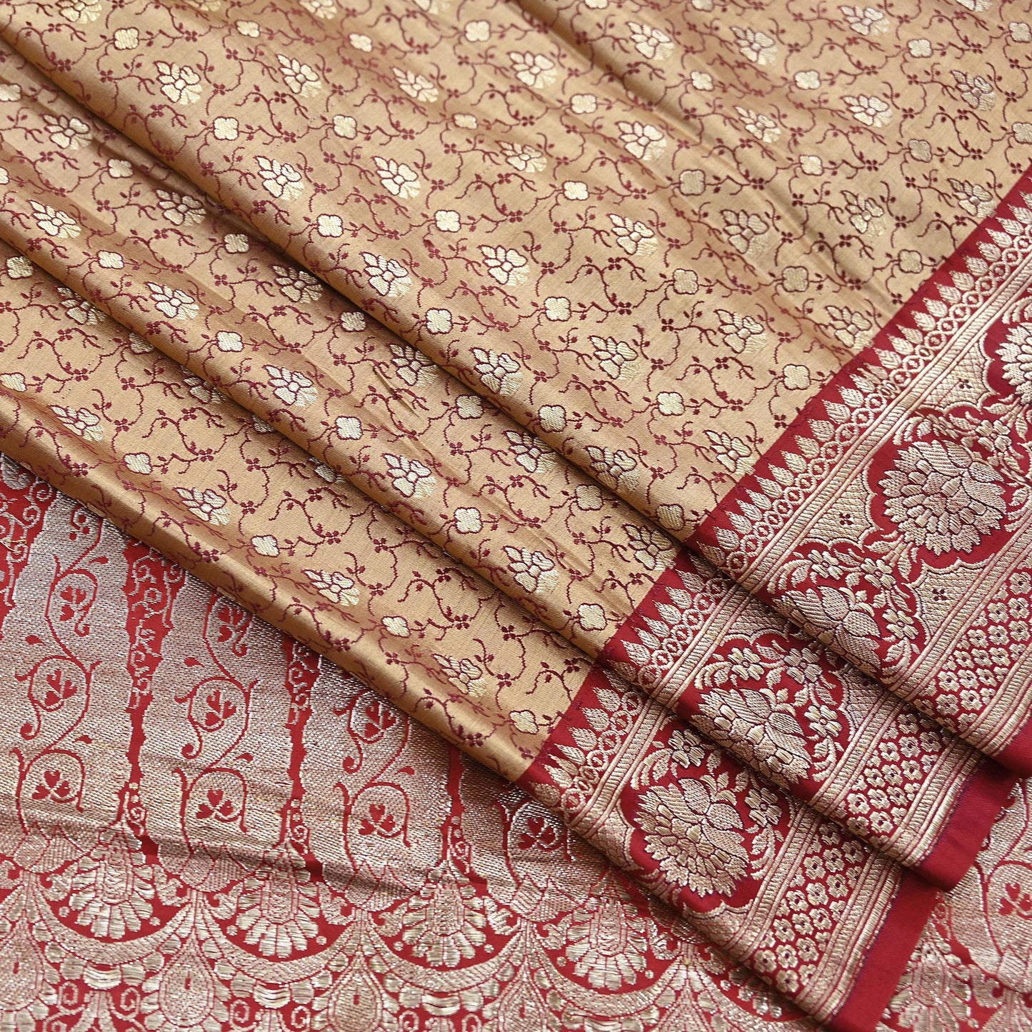 Vintage Banarasi Saree Pure Satin Silk Woven Brocade Zari Fabric Beige & Red Heavy Craft Sari 5 Yards Indian Antique Textile Dress Making