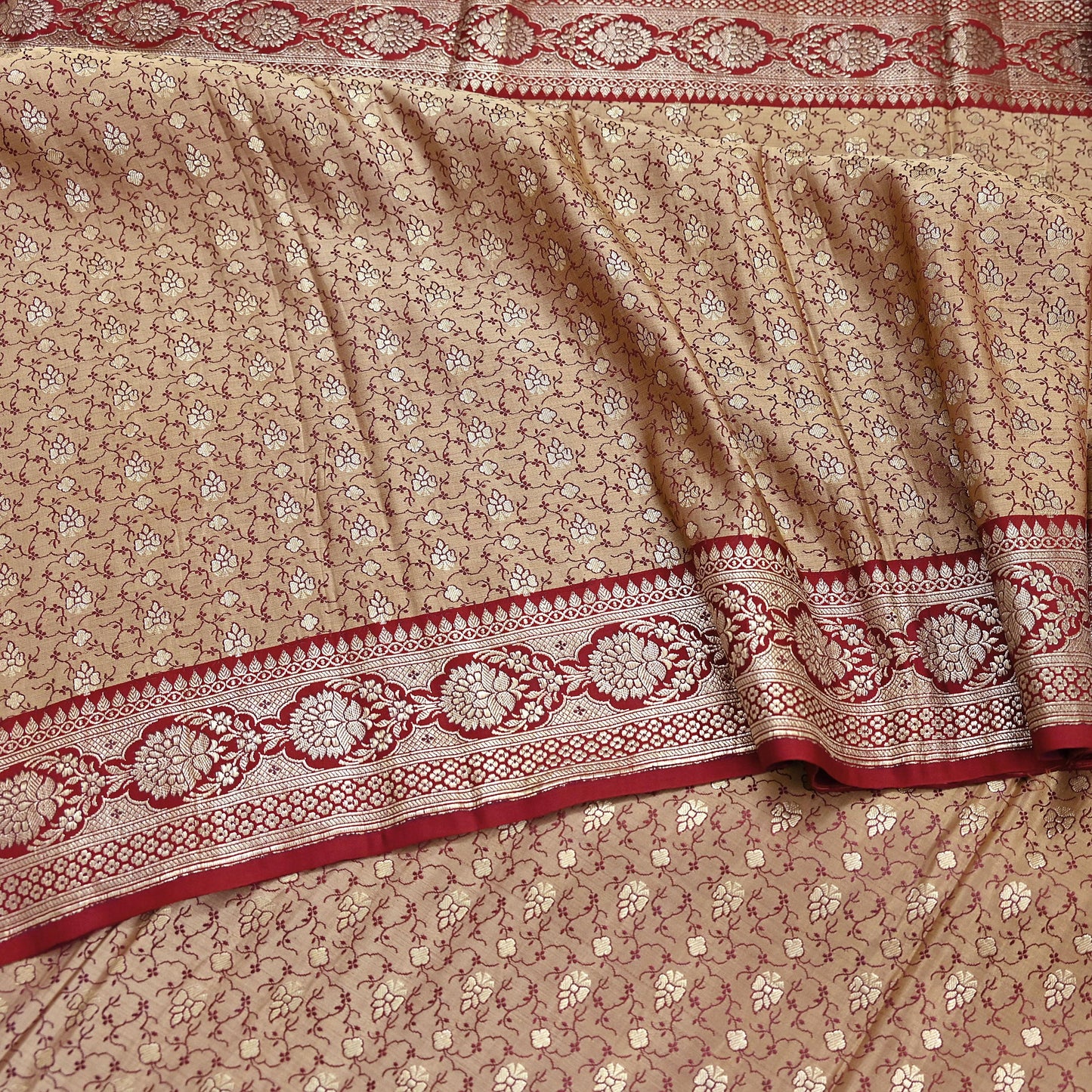 Vintage Banarasi Saree Pure Satin Silk Woven Brocade Zari Fabric Beige & Red Heavy Craft Sari 5 Yards Indian Antique Textile Dress Making