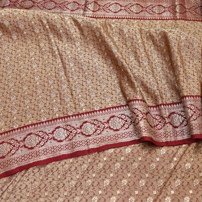 Vintage Banarasi Saree Pure Satin Silk Woven Brocade Zari Fabric Beige & Red Heavy Craft Sari 5 Yards Indian Antique Textile Dress Making