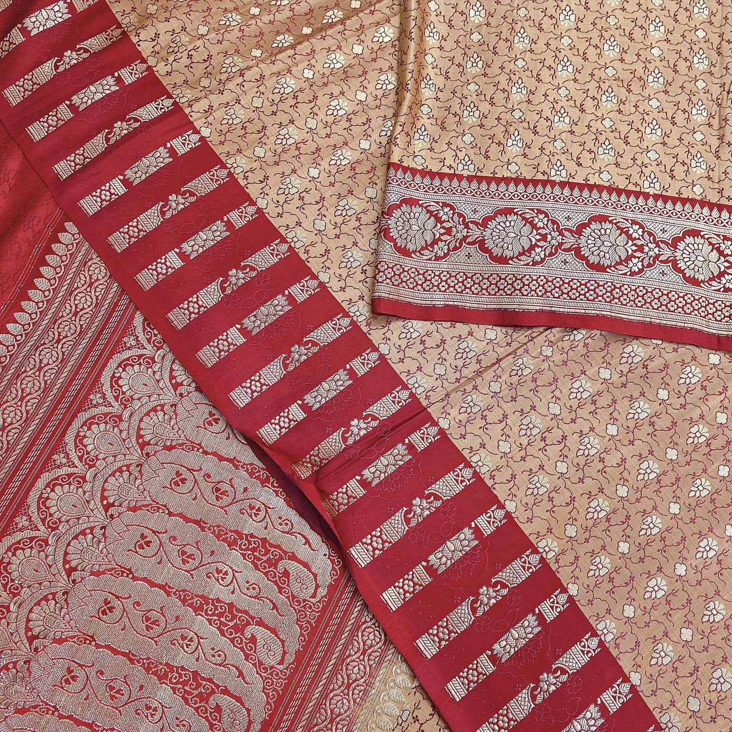 Vintage Banarasi Saree Pure Satin Silk Woven Brocade Zari Fabric Beige & Red Heavy Craft Sari 5 Yards Indian Antique Textile Dress Making