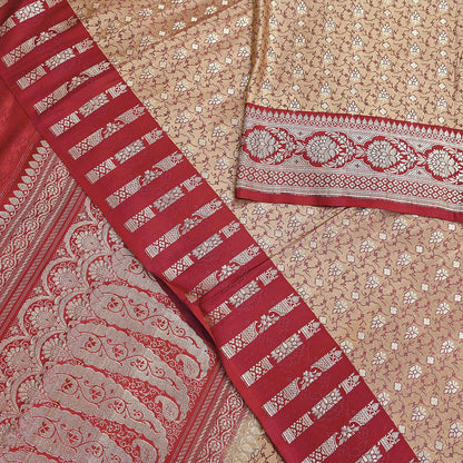 Vintage Banarasi Saree Pure Satin Silk Woven Brocade Zari Fabric Beige & Red Heavy Craft Sari 5 Yards Indian Antique Textile Dress Making