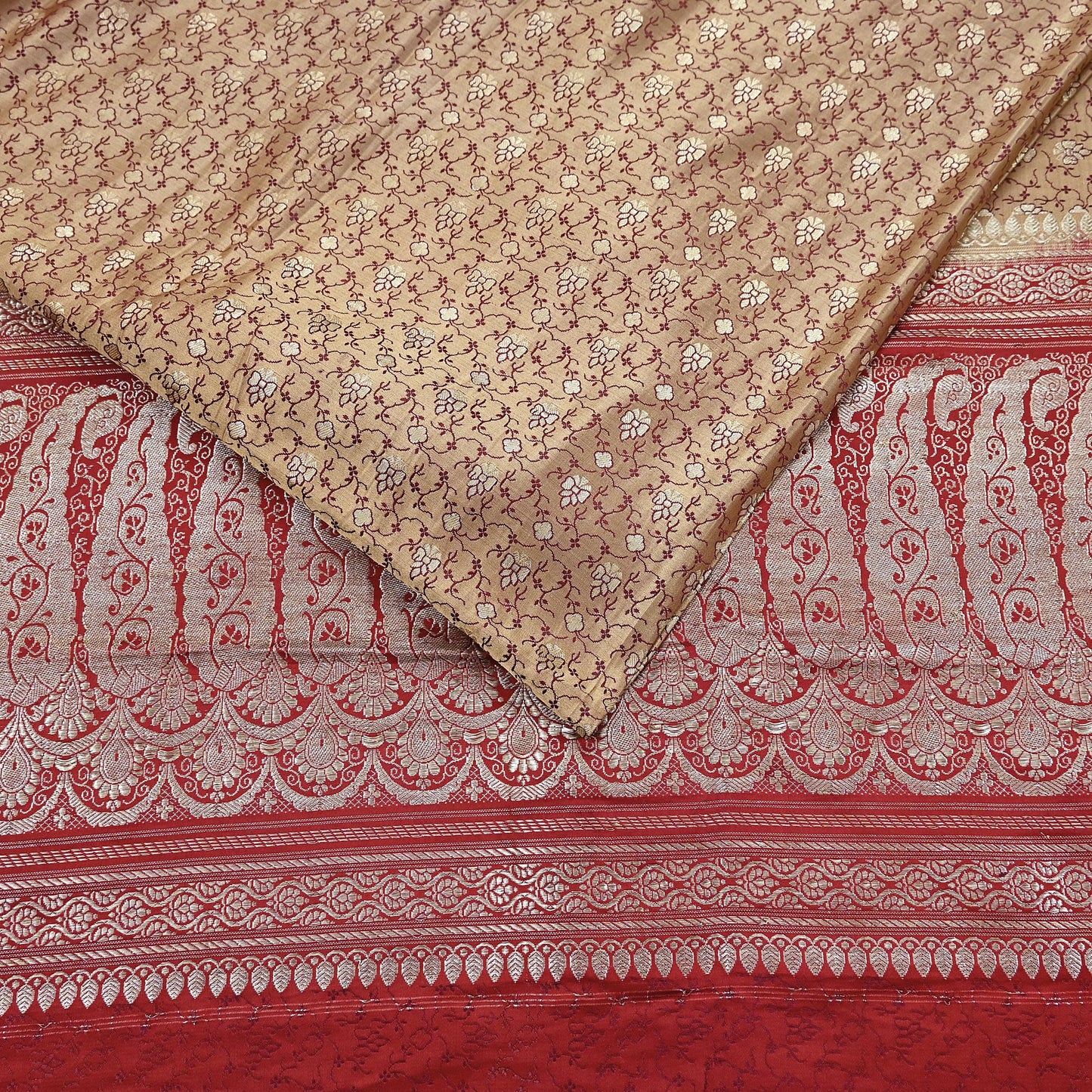 Vintage Banarasi Saree Pure Satin Silk Woven Brocade Zari Fabric Beige & Red Heavy Craft Sari 5 Yards Indian Antique Textile Dress Making