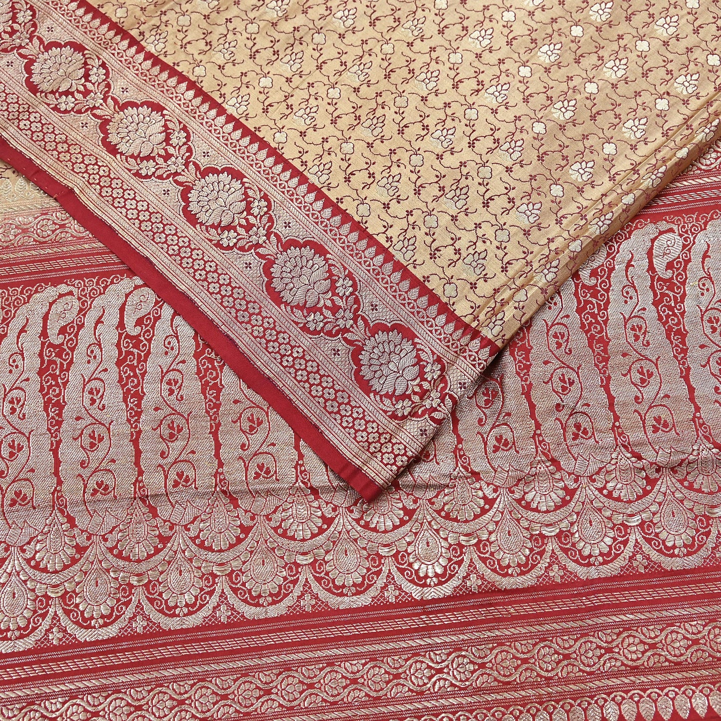 Vintage Banarasi Saree Pure Satin Silk Woven Brocade Zari Fabric Beige & Red Heavy Craft Sari 5 Yards Indian Antique Textile Dress Making