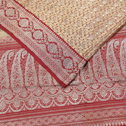 Vintage Banarasi Saree Pure Satin Silk Woven Brocade Zari Fabric Beige & Red Heavy Craft Sari 5 Yards Indian Antique Textile Dress Making