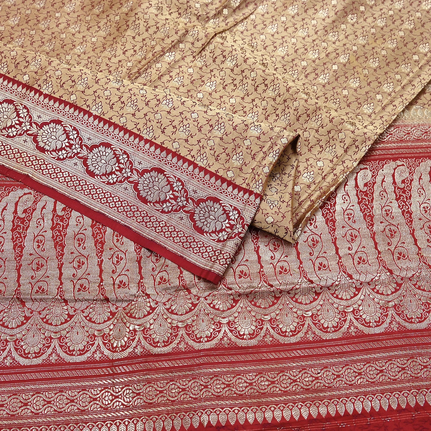 Vintage Banarasi Saree Pure Satin Silk Woven Brocade Zari Fabric Beige & Red Heavy Craft Sari 5 Yards Indian Antique Textile Dress Making