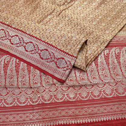 Vintage Banarasi Saree Pure Satin Silk Woven Brocade Zari Fabric Beige & Red Heavy Craft Sari 5 Yards Indian Antique Textile Dress Making