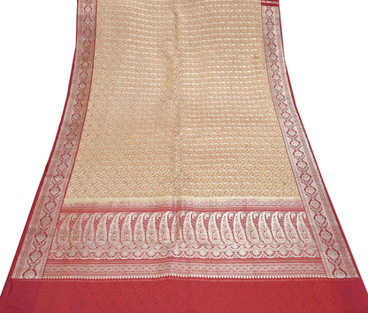 Vintage Banarasi Saree Pure Satin Silk Woven Brocade Zari Fabric Beige & Red Heavy Craft Sari 5 Yards Indian Antique Textile Dress Making