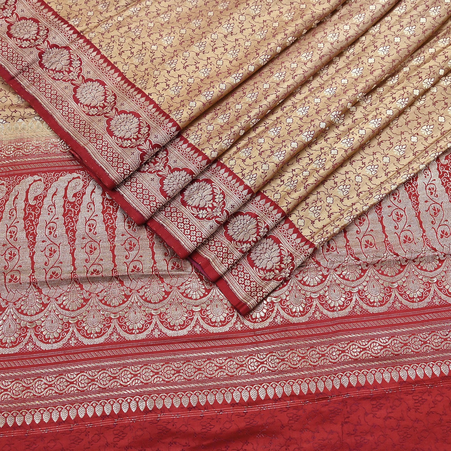 Vintage Banarasi Saree Pure Satin Silk Woven Brocade Zari Fabric Beige & Red Heavy Craft Sari 5 Yards Indian Antique Textile Dress Making
