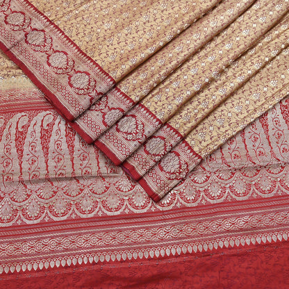 Vintage Banarasi Saree Pure Satin Silk Woven Brocade Zari Fabric Beige & Red Heavy Craft Sari 5 Yards Indian Antique Textile Dress Making