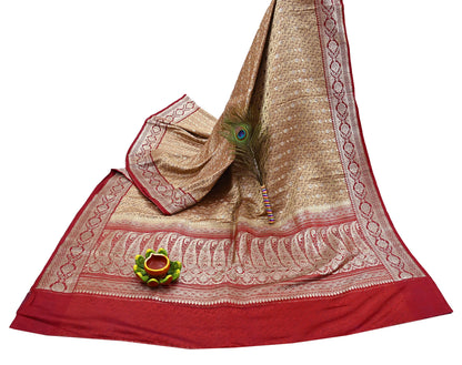 Vintage Banarasi Saree Pure Satin Silk Woven Brocade Zari Fabric Beige & Red Heavy Craft Sari 5 Yards Indian Antique Textile Dress Making