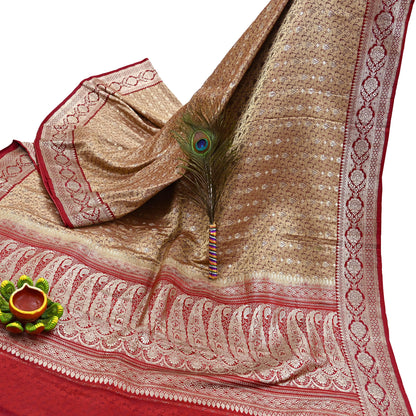 Vintage Banarasi Saree Pure Satin Silk Woven Brocade Zari Fabric Beige & Red Heavy Craft Sari 5 Yards Indian Antique Textile Dress Making