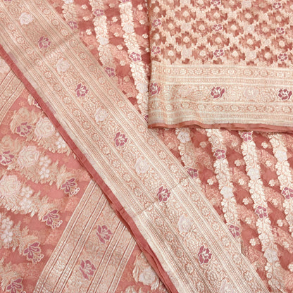 Indian Vintage Sari Heavy Peach Pure Organza Silk Woven Brocade Banarasi Sarees Zari 5Yd Ethnic Fabric Dress Making Wedding Sarees