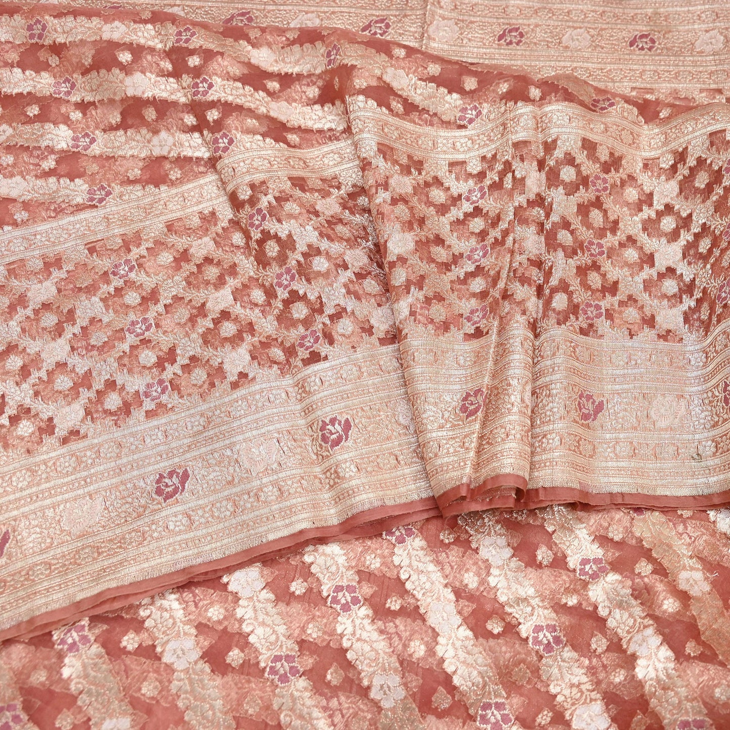 Indian Vintage Sari Heavy Peach Pure Organza Silk Woven Brocade Banarasi Sarees Zari 5Yd Ethnic Fabric Dress Making Wedding Sarees