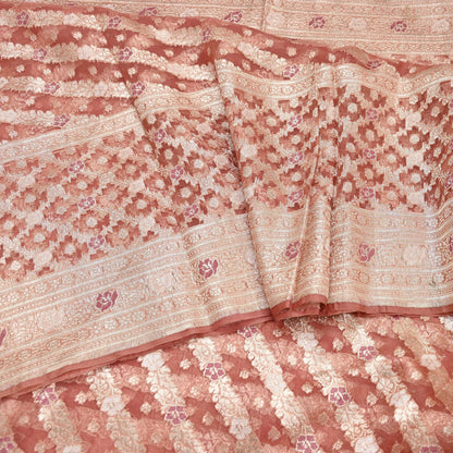 Indian Vintage Sari Heavy Peach Pure Organza Silk Woven Brocade Banarasi Sarees Zari 5Yd Ethnic Fabric Dress Making Wedding Sarees