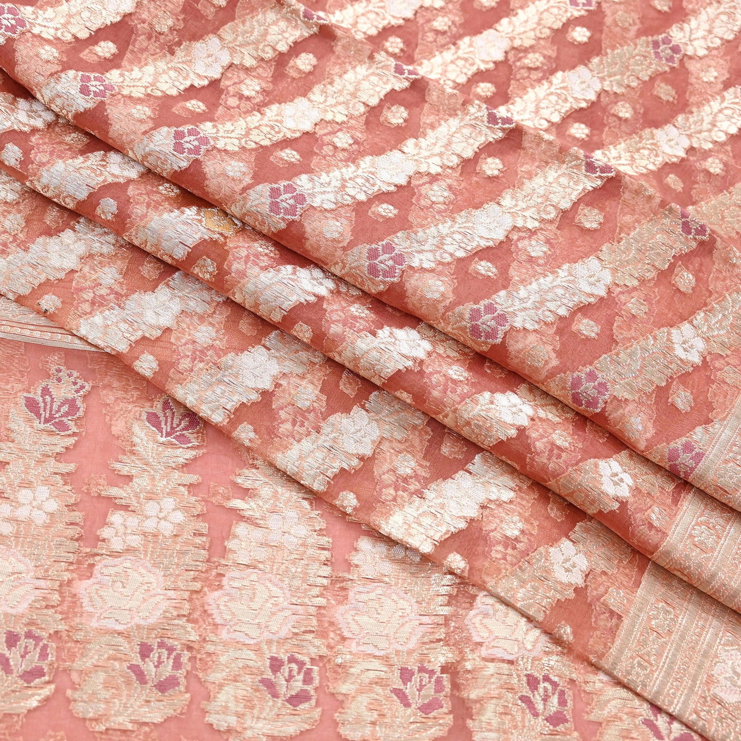 Indian Vintage Sari Heavy Peach Pure Organza Silk Woven Brocade Banarasi Sarees Zari 5Yd Ethnic Fabric Dress Making Wedding Sarees