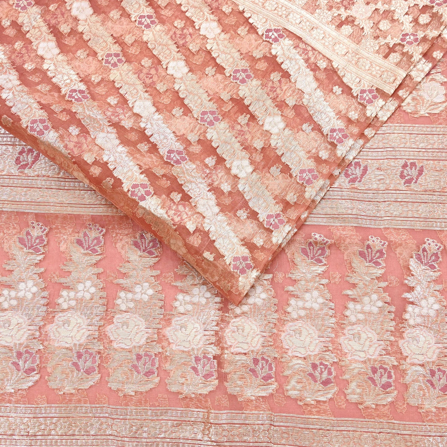 Indian Vintage Sari Heavy Peach Pure Organza Silk Woven Brocade Banarasi Sarees Zari 5Yd Ethnic Fabric Dress Making Wedding Sarees