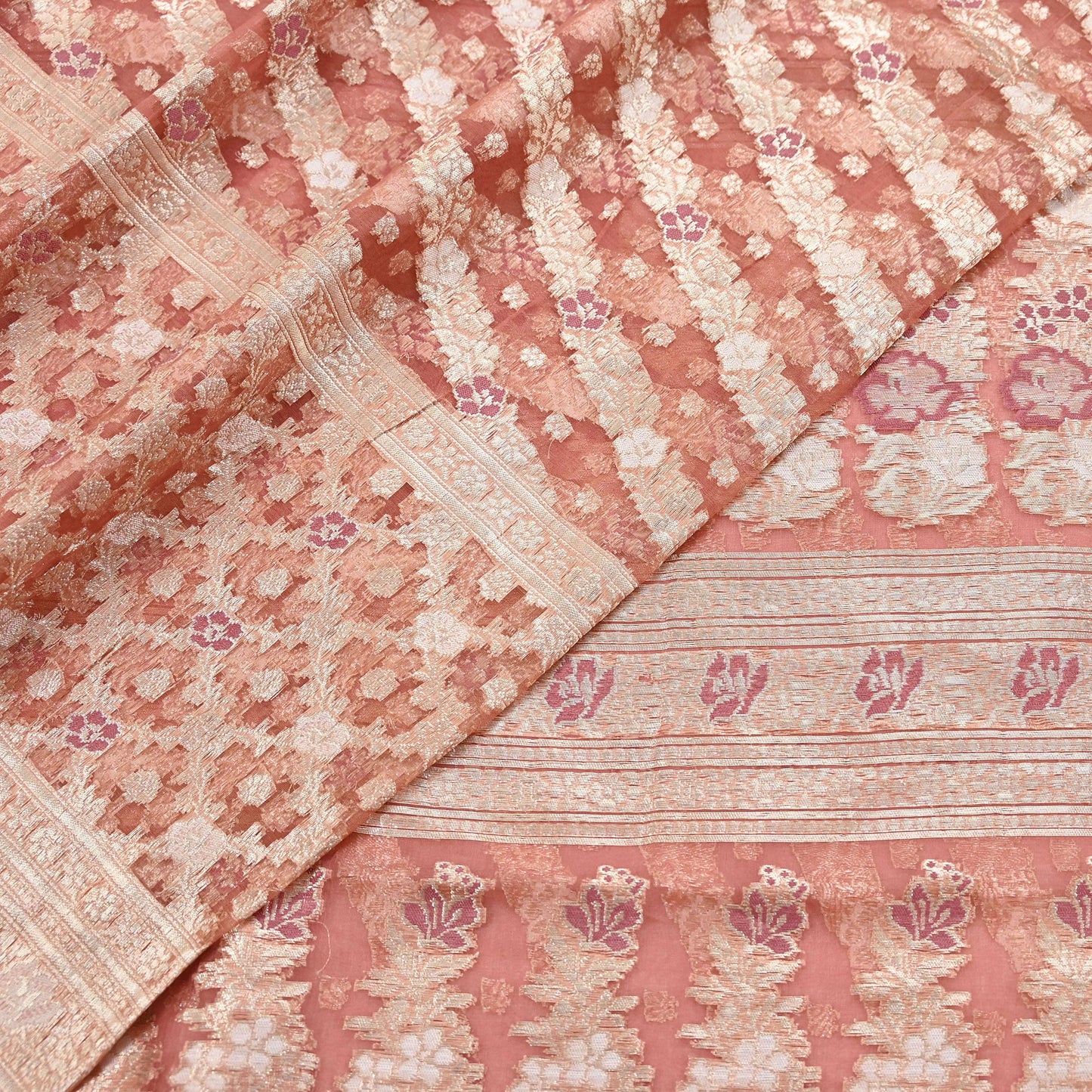 Indian Vintage Sari Heavy Peach Pure Organza Silk Woven Brocade Banarasi Sarees Zari 5Yd Ethnic Fabric Dress Making Wedding Sarees