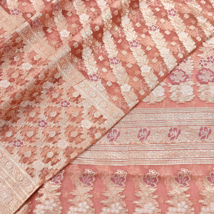 Indian Vintage Sari Heavy Peach Pure Organza Silk Woven Brocade Banarasi Sarees Zari 5Yd Ethnic Fabric Dress Making Wedding Sarees