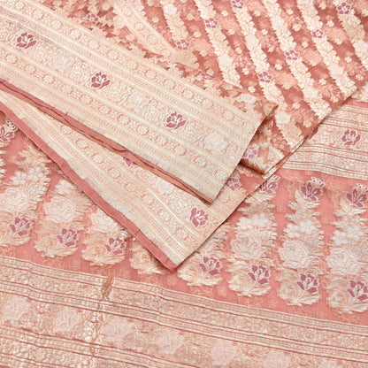 Indian Vintage Sari Heavy Peach Pure Organza Silk Woven Brocade Banarasi Sarees Zari 5Yd Ethnic Fabric Dress Making Wedding Sarees