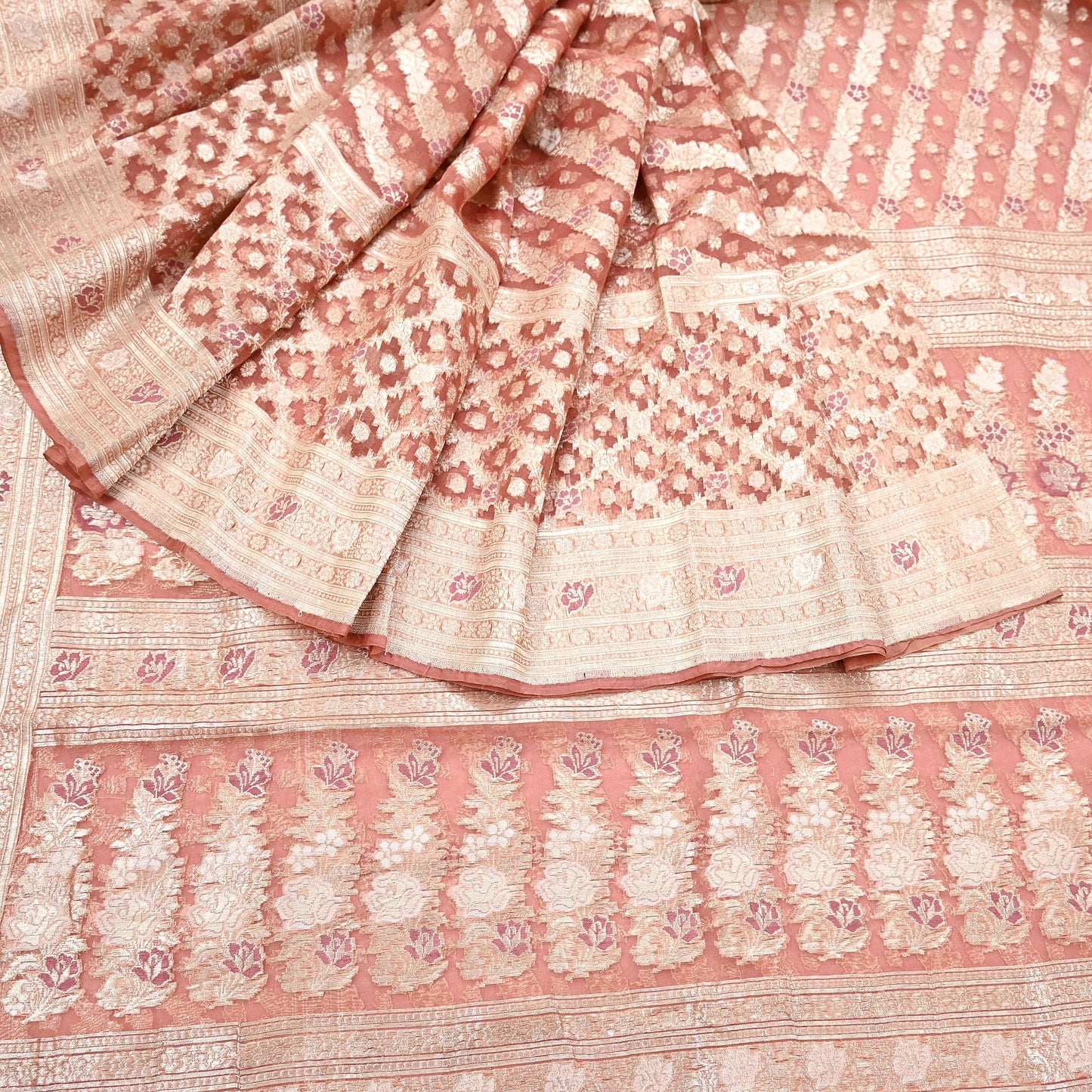 Indian Vintage Sari Heavy Peach Pure Organza Silk Woven Brocade Banarasi Sarees Zari 5Yd Ethnic Fabric Dress Making Wedding Sarees