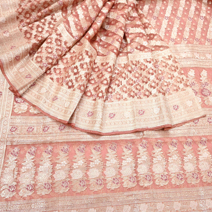 Indian Vintage Sari Heavy Peach Pure Organza Silk Woven Brocade Banarasi Sarees Zari 5Yd Ethnic Fabric Dress Making Wedding Sarees