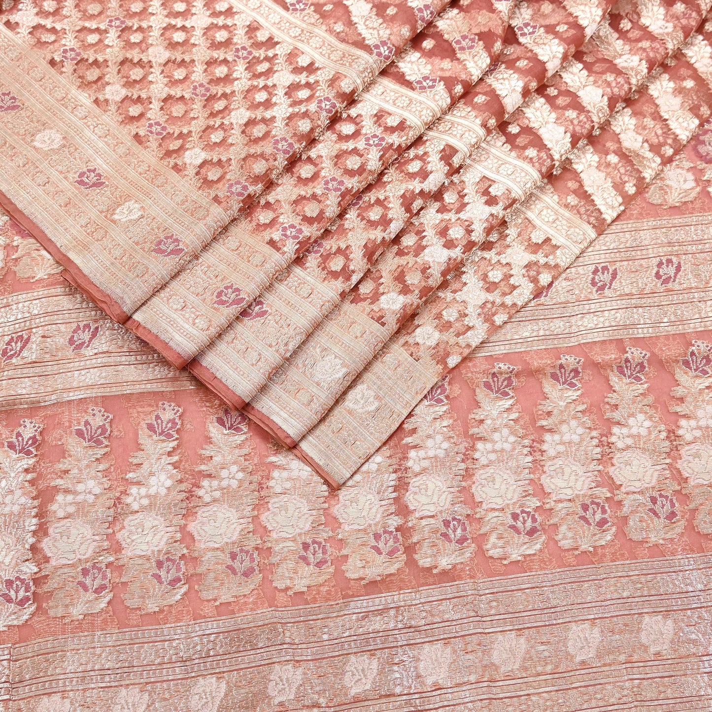 Indian Vintage Sari Heavy Peach Pure Organza Silk Woven Brocade Banarasi Sarees Zari 5Yd Ethnic Fabric Dress Making Wedding Sarees