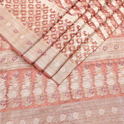 Indian Vintage Sari Heavy Peach Pure Organza Silk Woven Brocade Banarasi Sarees Zari 5Yd Ethnic Fabric Dress Making Wedding Sarees