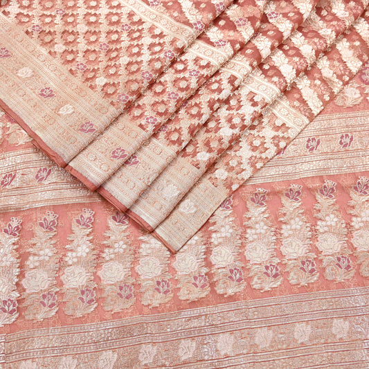 Indian Vintage Sari Heavy Peach Pure Organza Silk Woven Brocade Banarasi Sarees Zari 5Yd Ethnic Fabric Dress Making Wedding Sarees