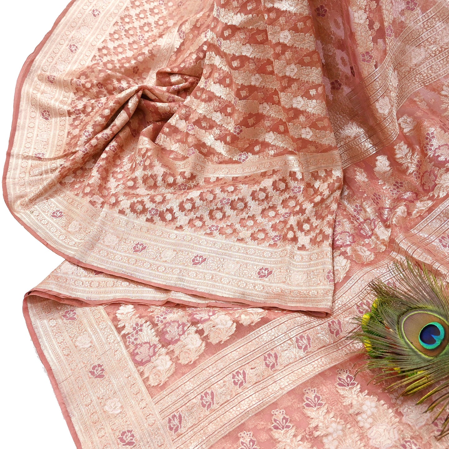 Indian Vintage Sari Heavy Peach Pure Organza Silk Woven Brocade Banarasi Sarees Zari 5Yd Ethnic Fabric Dress Making Wedding Sarees