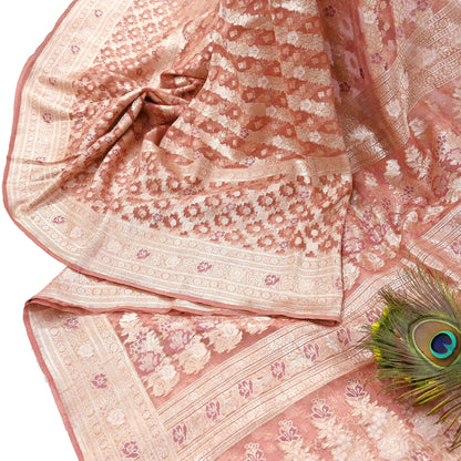 Indian Vintage Sari Heavy Peach Pure Organza Silk Woven Brocade Banarasi Sarees Zari 5Yd Ethnic Fabric Dress Making Wedding Sarees