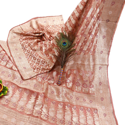 Indian Vintage Sari Heavy Peach Pure Organza Silk Woven Brocade Banarasi Sarees Zari 5Yd Ethnic Fabric Dress Making Wedding Sarees