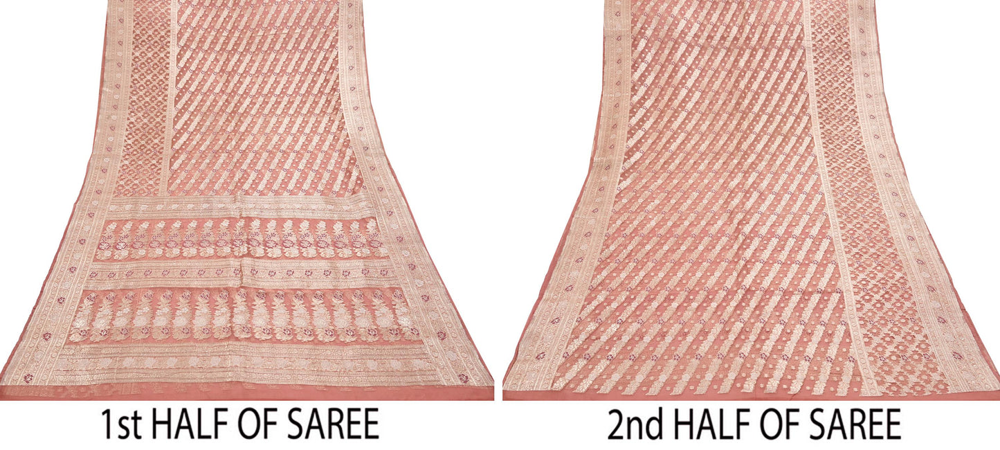 Indian Vintage Sari Heavy Peach Pure Organza Silk Woven Brocade Banarasi Sarees Zari 5Yd Ethnic Fabric Dress Making Wedding Sarees